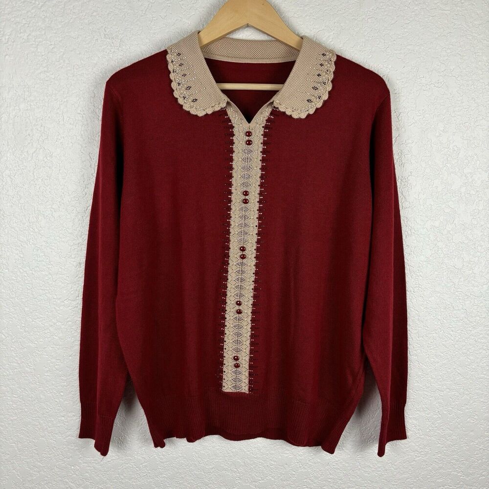 STUNNING Super Soft Beaded Womens Top Large Maroon Rhinestone Grandma Tweed Girl